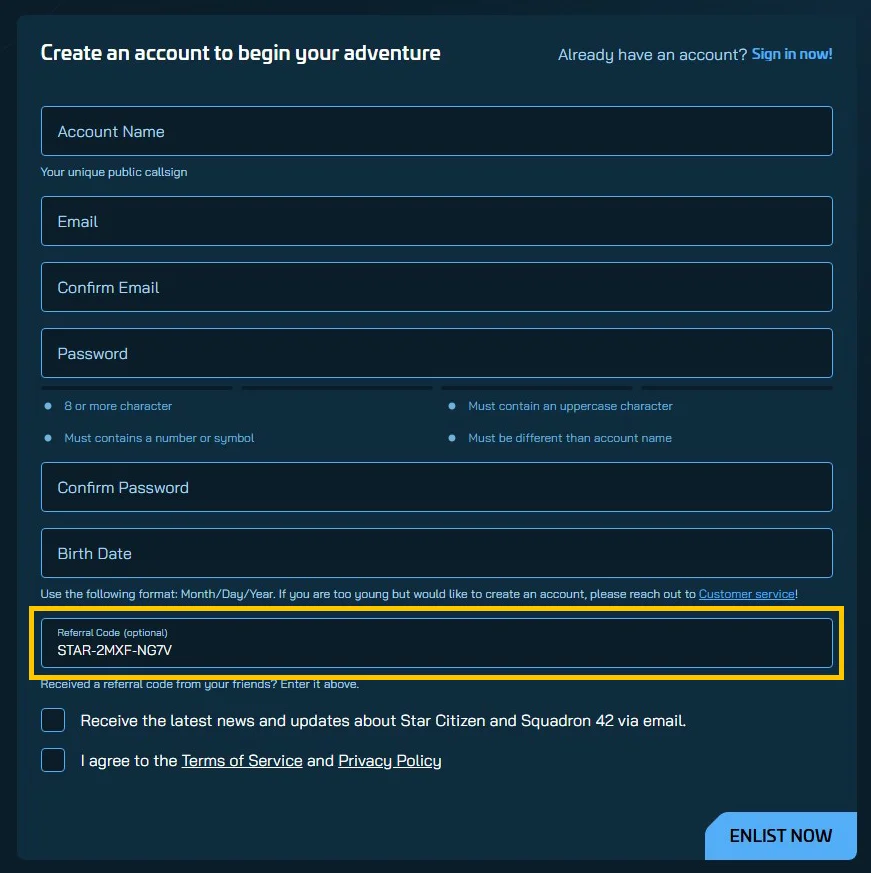 Homepage of robertsspaceindustries.com for Star Citizen account creation
